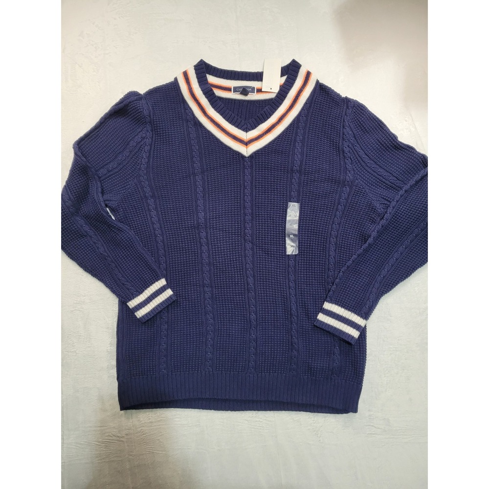 NWT Club Room V-Neck Sweater Mens XL Navy Blue Cable Knit Varsity Striped Cotton
